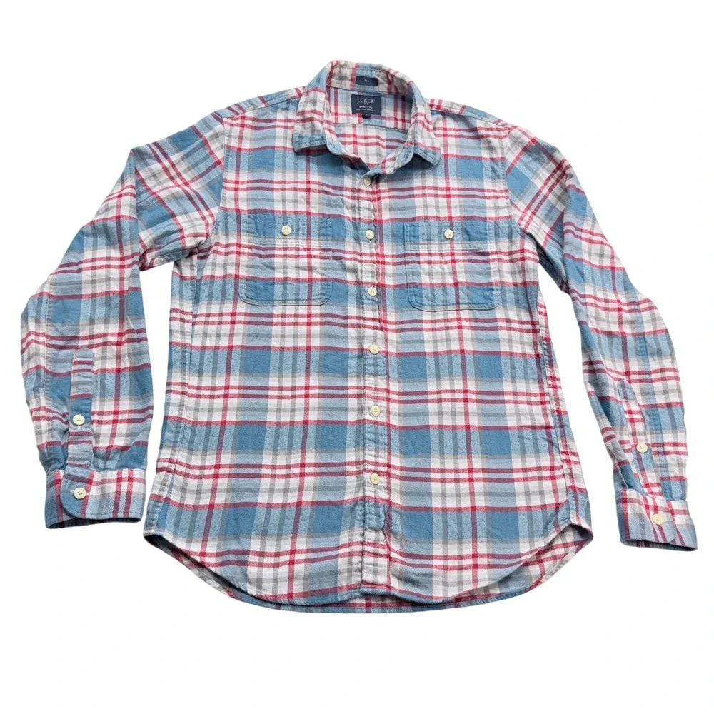 J. Crew Slim Plaid Flannel Button Down Shirt Mens Medium Blue Red